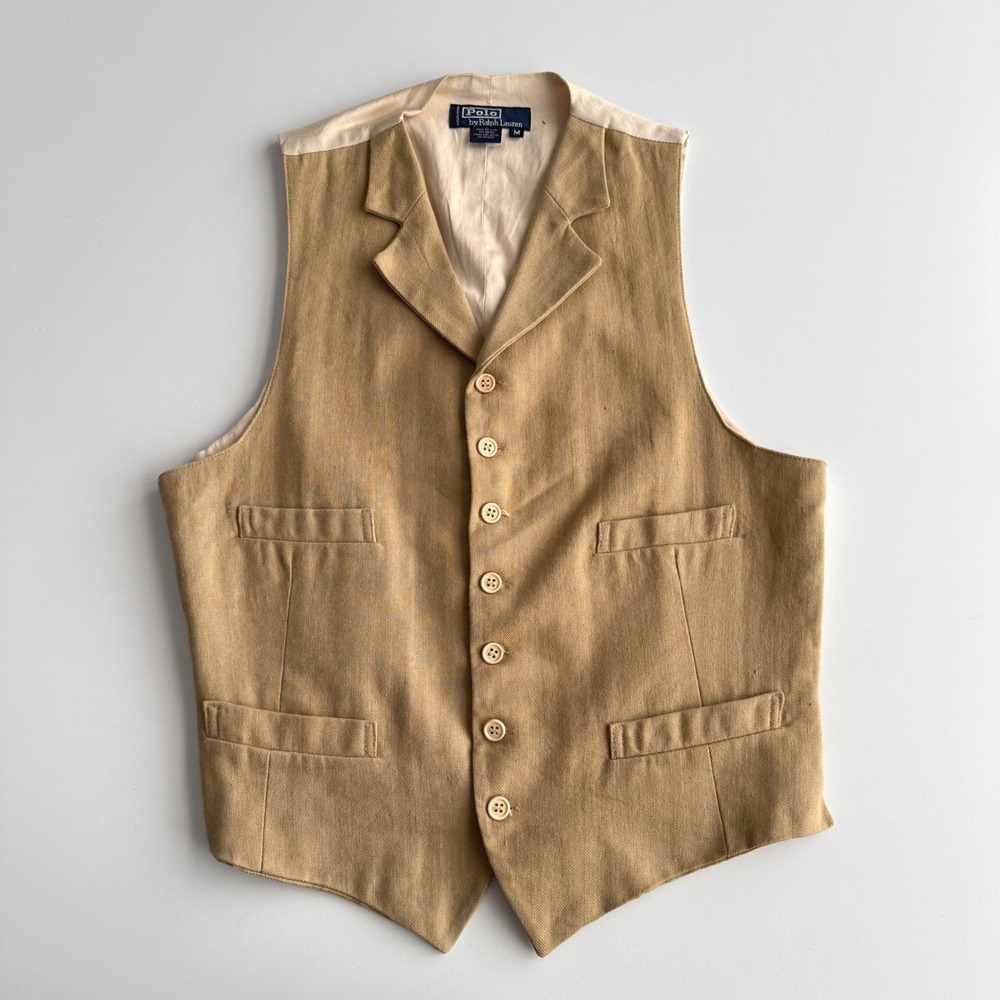 Polo Ralph Lauren VTG Classic Vest Waistcoat Camel Linen Blend Herringbone sz M